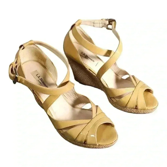 Lk Bennett Priya Sandals Tan Beige Nude 8.5 Espadrille Wedge Patent Leather 39.5 - Picture 2 of 8